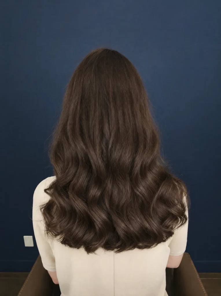 Before: long wavy hair in one flat dark brown colour