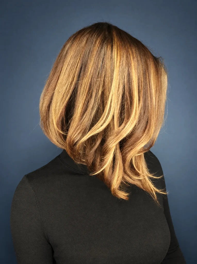 Na: dezelfde bob met fijne honingblonde highlights