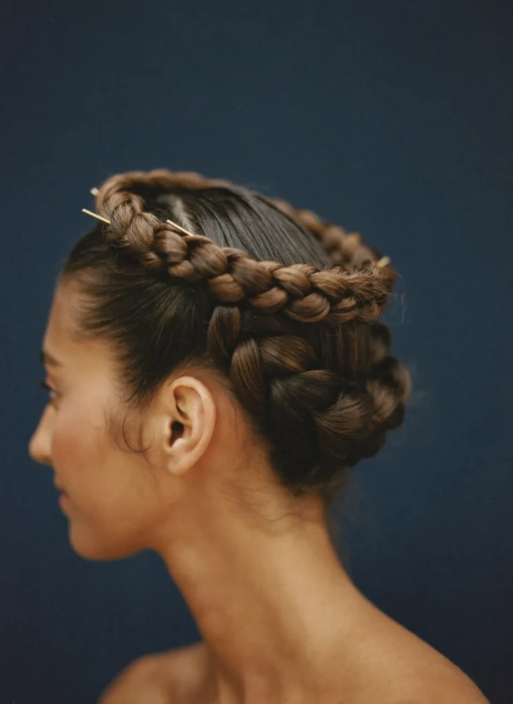 Braided crown up-do with gold pins
