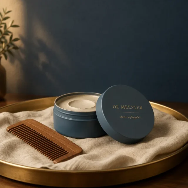 Matte stylingklei van De Meester in leistenen blik met houten kam