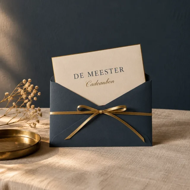 Cadeaubon van De Meester in een leistenen envelop met gouden lint