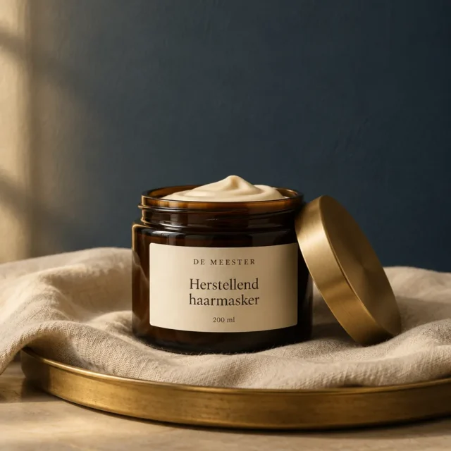 Herstellend haarmasker van De Meester in amberkleurige pot