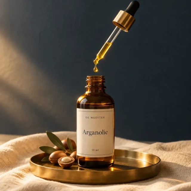 Arganolie van De Meester in druppelflesje met gouden druppel