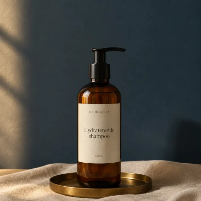 Hydraterende shampoo van De Meester in amberkleurige pompfles