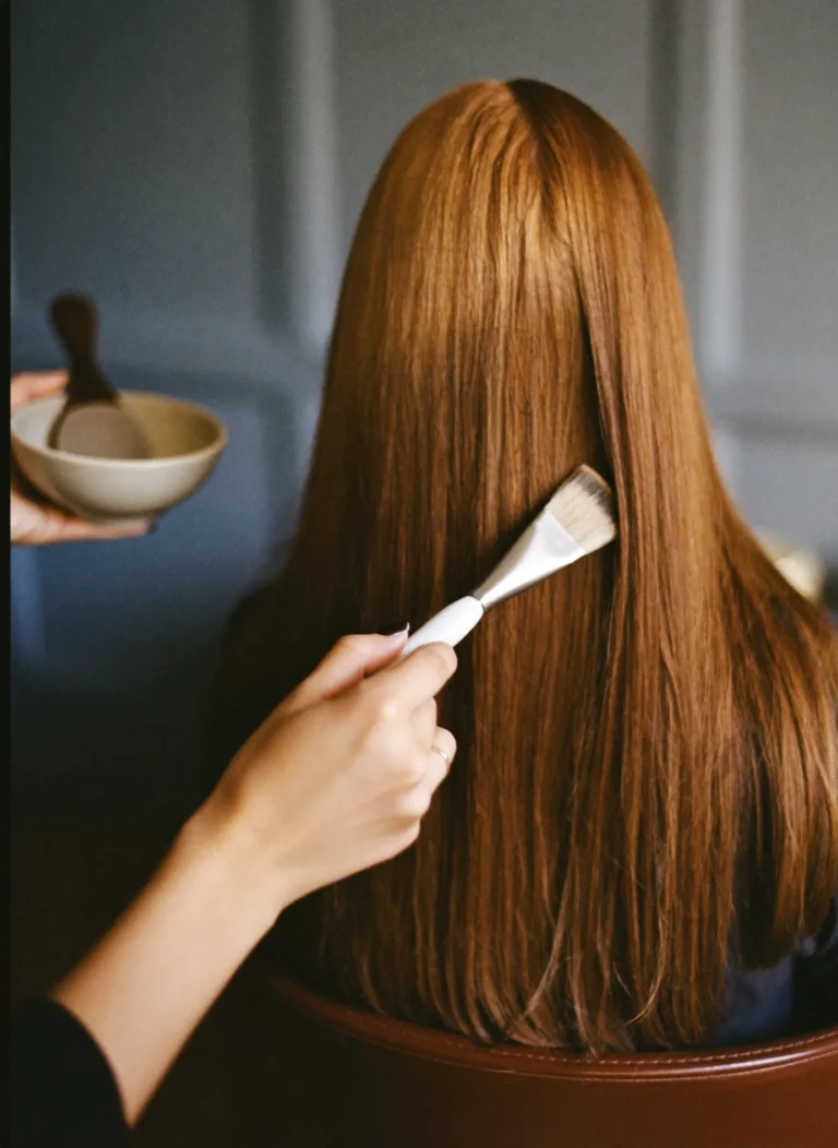 Colourist painting balayage onto long brown hair